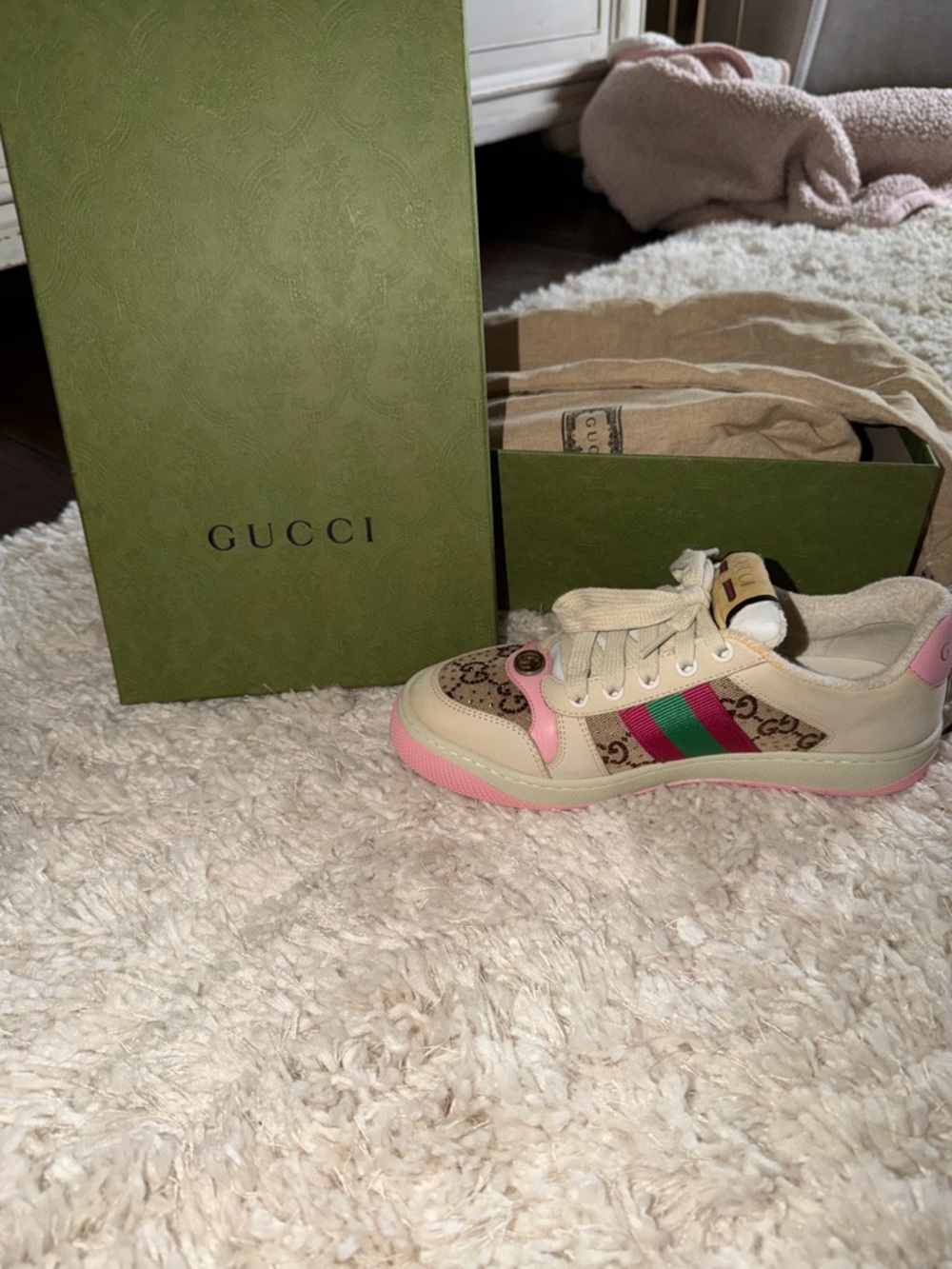 Gucci Beige & Pink GG Supreme Ace Sneaker with Signature Web